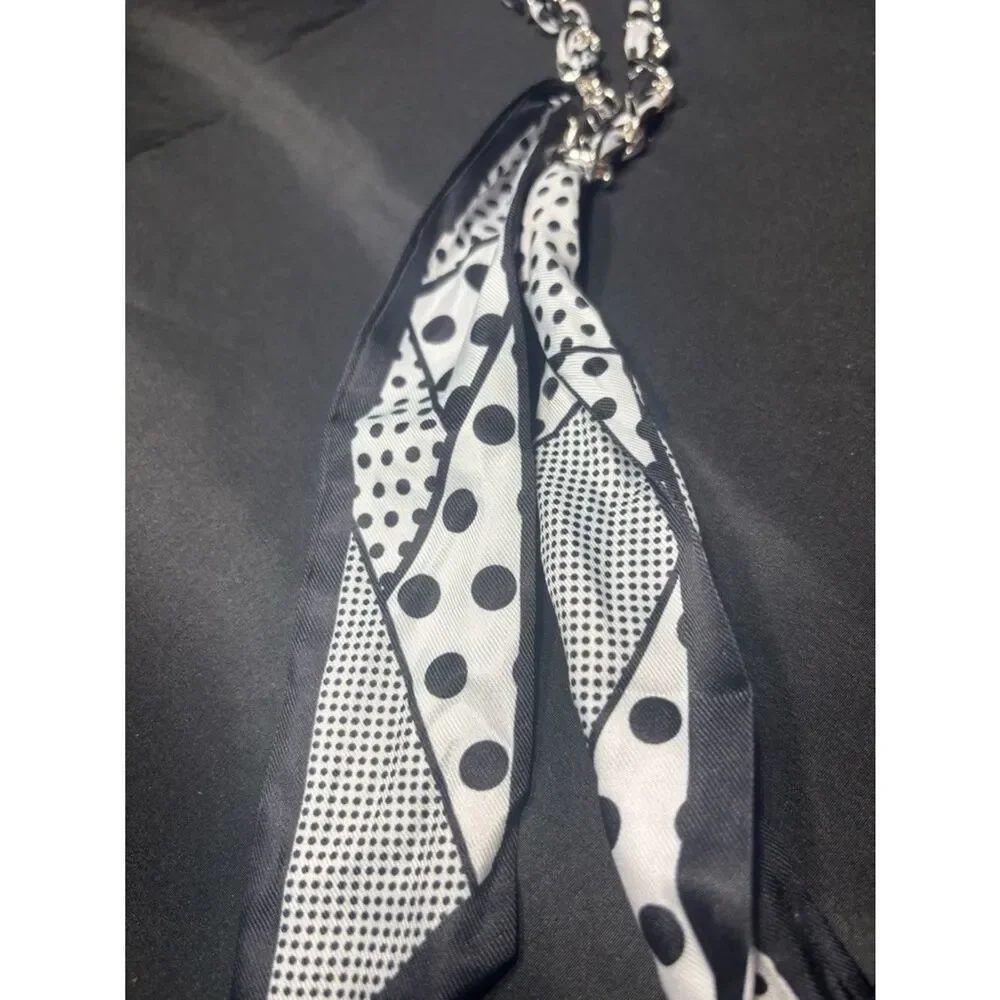 New Twilly Bag Charm Chain Scarf Necklace with Black & White Polka Dot Ties